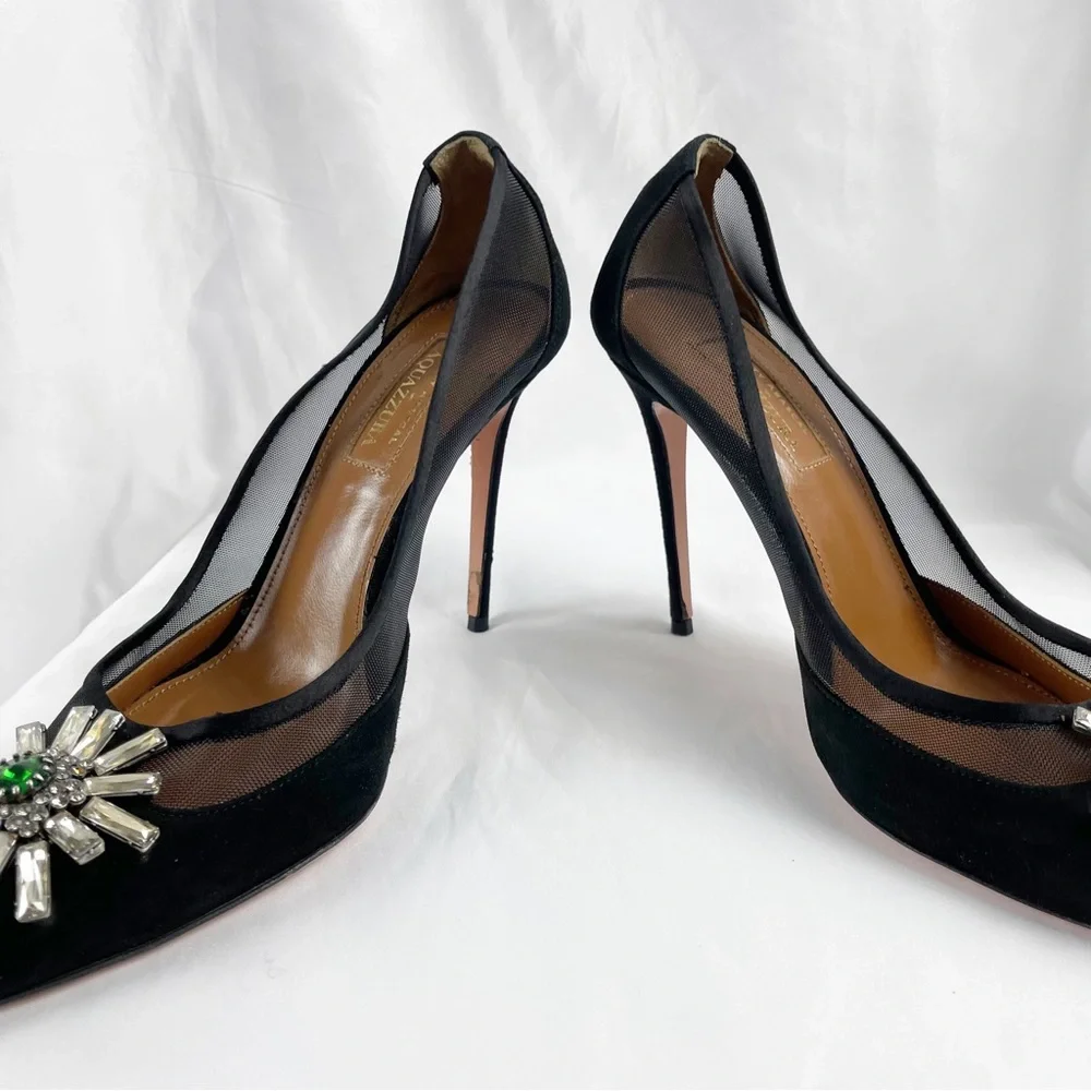 Aquazzura x Naty Abascal Kimiyah Suede Leather Crystal Heels Black EU 39 - Picture 5 of 12